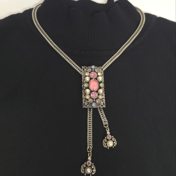 Vintage SELRO Lariat Bolo Necklace Pink Purple Rhinestones Faux Pearls